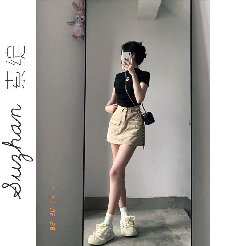 夏季設計感小眾修身顯瘦短款上衣新款簡約印花正肩露臍辣妹短袖潮