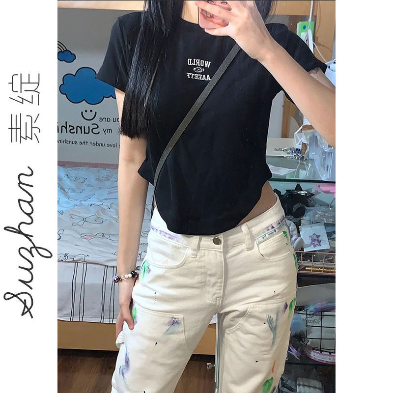 夏季新款正肩顯瘦學生短款上衣女復古時尚休閒運動百搭不規則T恤