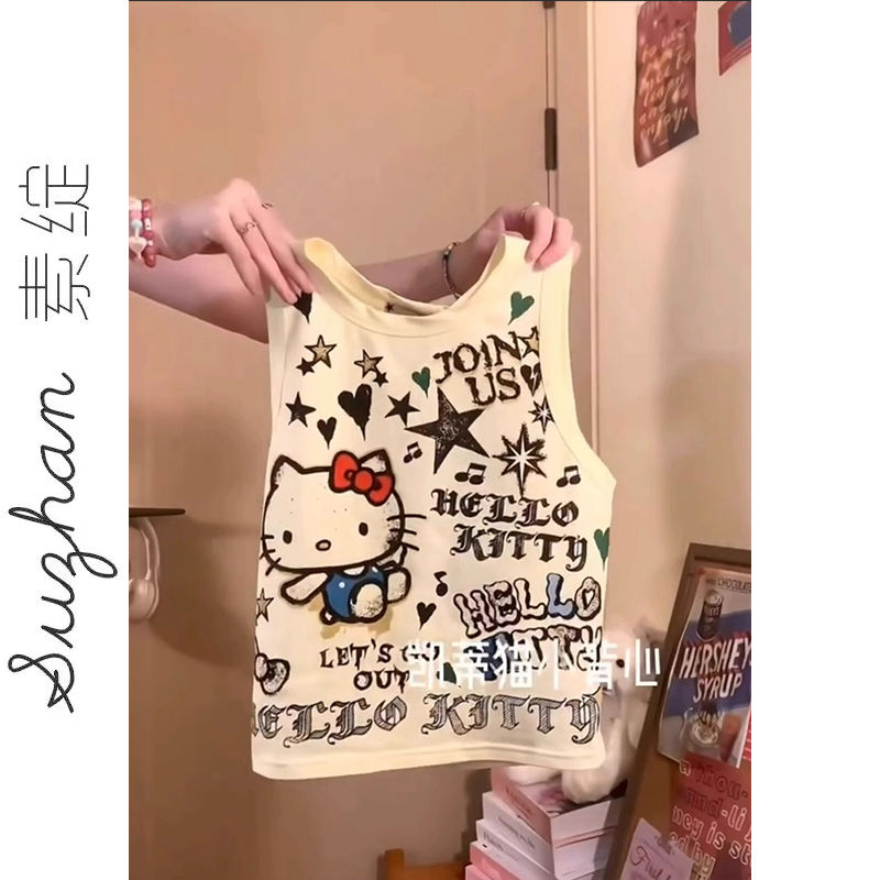 日系凱蒂貓印花短款上衣女夏季設計感小眾內搭甜辣滿印新款上衣服
