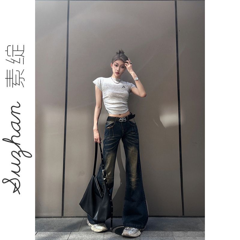 修身收腰半高領正肩短袖T恤女夏設計感褶皺辣妹顯瘦小眾短款上衣