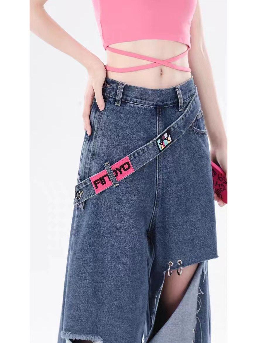 American style vibe retro gradient ripped jeans women's high waist design loose and slim straight wide leg pants trendy