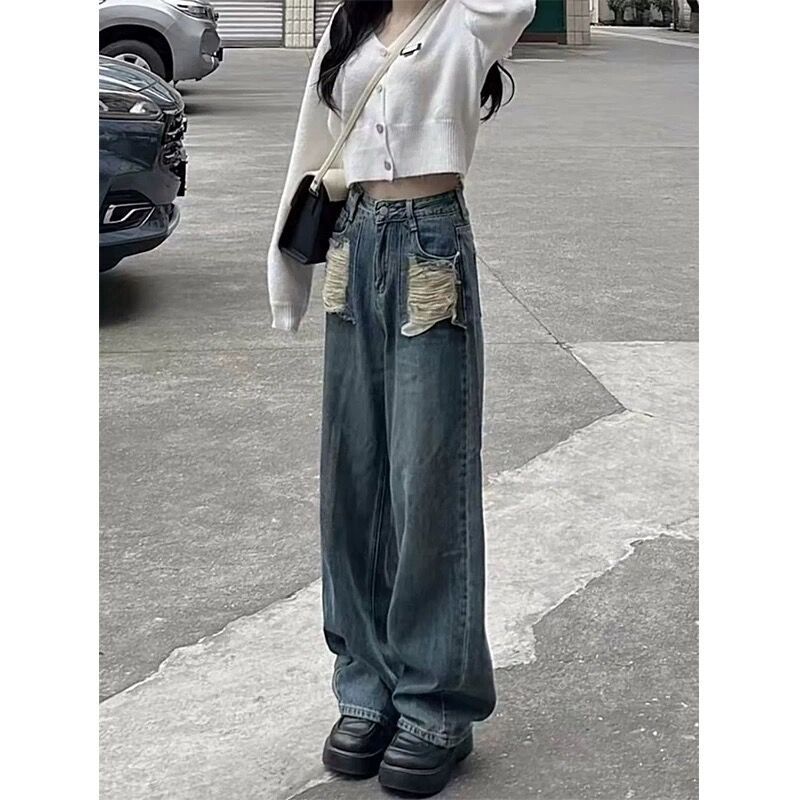 設計感毛邊破洞牛仔褲女2023年春夏季新款高腰顯瘦做舊直筒長褲潮