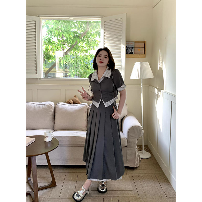 Small fresh commuter light luxury college style suit sweet and spicy shirt covering meat and showing thin skirt custom large size two-piece suit
