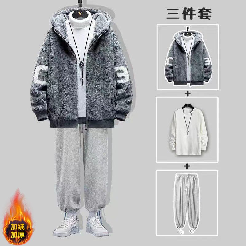 羊羔絨外套男裝三件套冬季潮牌加絨加厚棉衣棉服一套搭配帥氣套裝