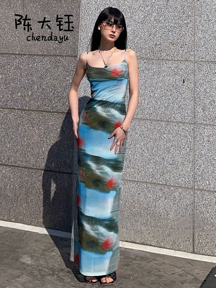 陳大鈺辣妹法式復古日落扎染吊帶連衣裙女修身顯瘦度假長裙子歐美