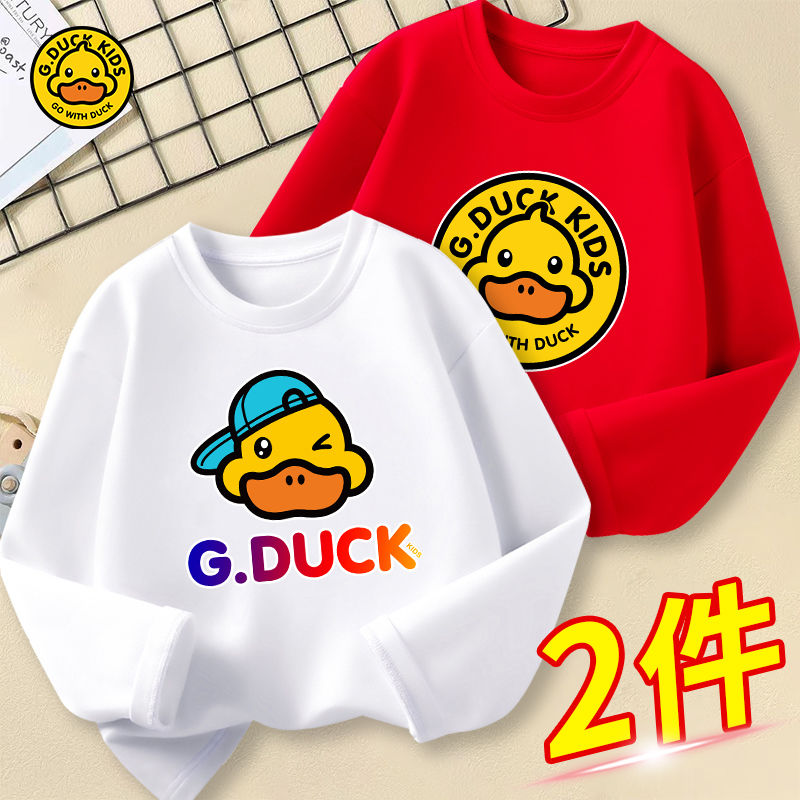 Little Yellow Duck boys and girls spring and autumn new pure cotton long-sleeved T-shirt trendy printed round neck student casual versatile tops