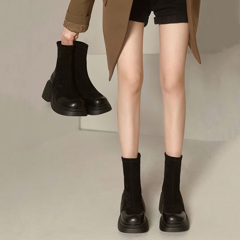 2023 European Station Autumn New Niche Black Elastic Sock Boots Women's Short Boots Platform Thick Soled Thick Heels Slim Boots Trendy