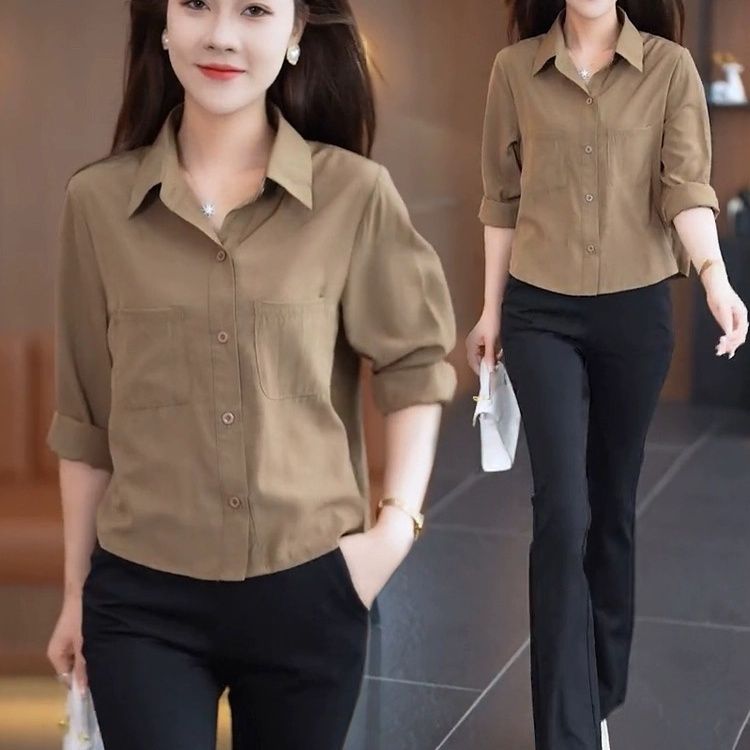 長袖襯衫女2023年早秋新款顯瘦氣質休閒上衣設計感時尚簡約襯衫潮