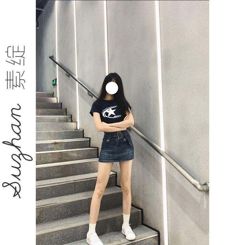 藏青色純棉圓領正肩短袖T恤女夏季不規則修身顯瘦露臍短款上衣ins