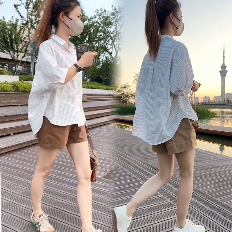 藍海奕諾條紋寬鬆中袖棉襯衫女2023早秋新款設計感遮肚顯瘦白襯衣