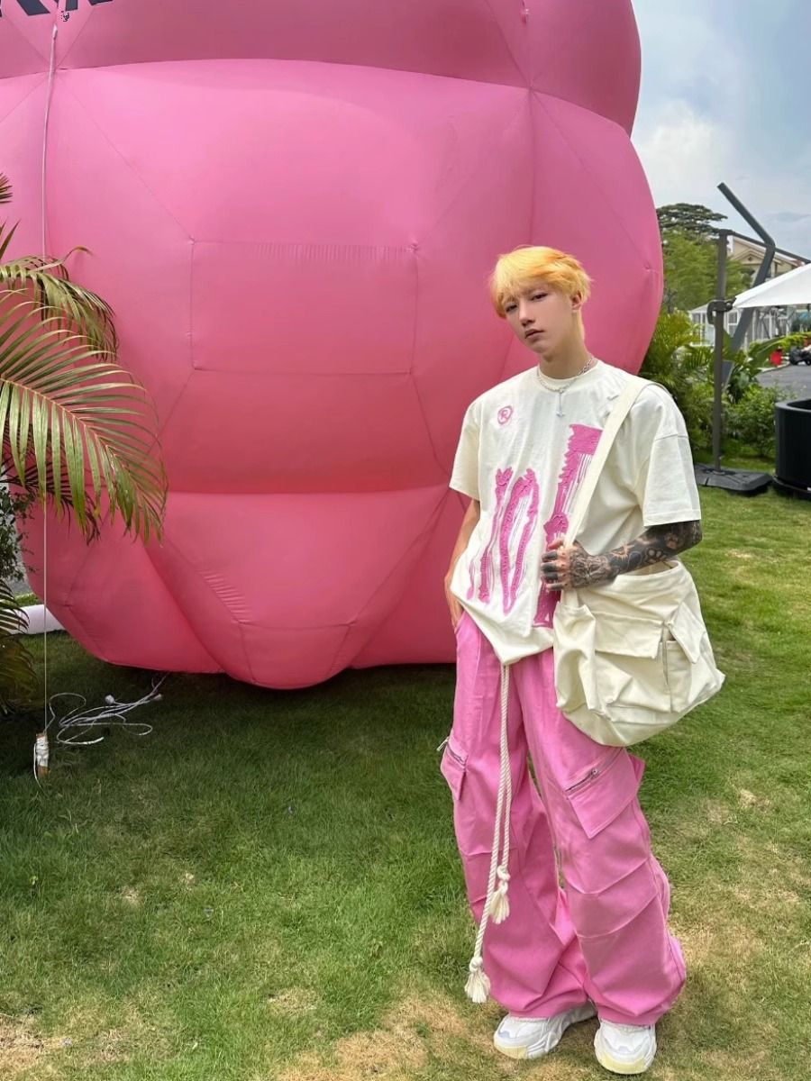 美式高街粉色工裝褲男夏日多巴胺穿搭嘻哈hiphop直筒闊腿彩色褲子