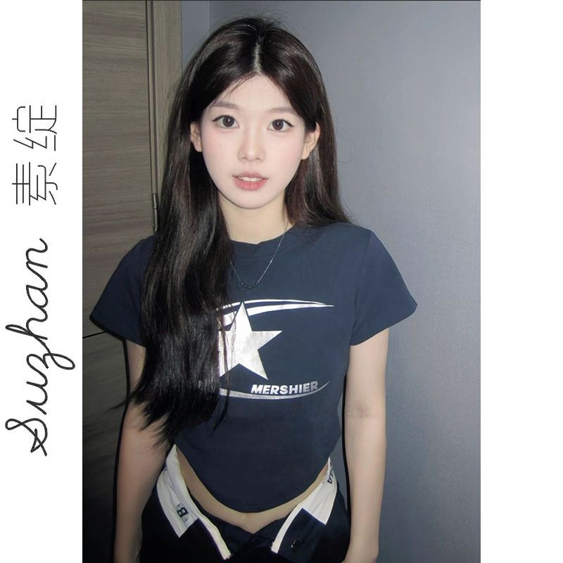 美式正肩藏青色短款露臍純棉上衣服新款不規則下擺圓領短袖t恤ins