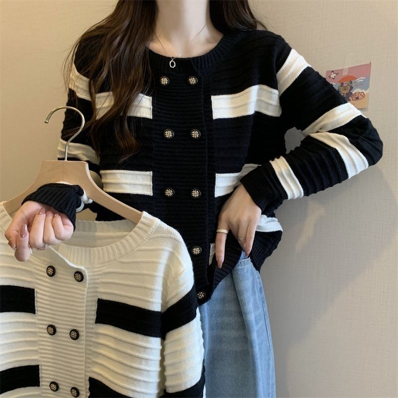 條紋小香風針織開衫女毛衣2023秋季新款韓版甜美慵懶長袖上衣外套