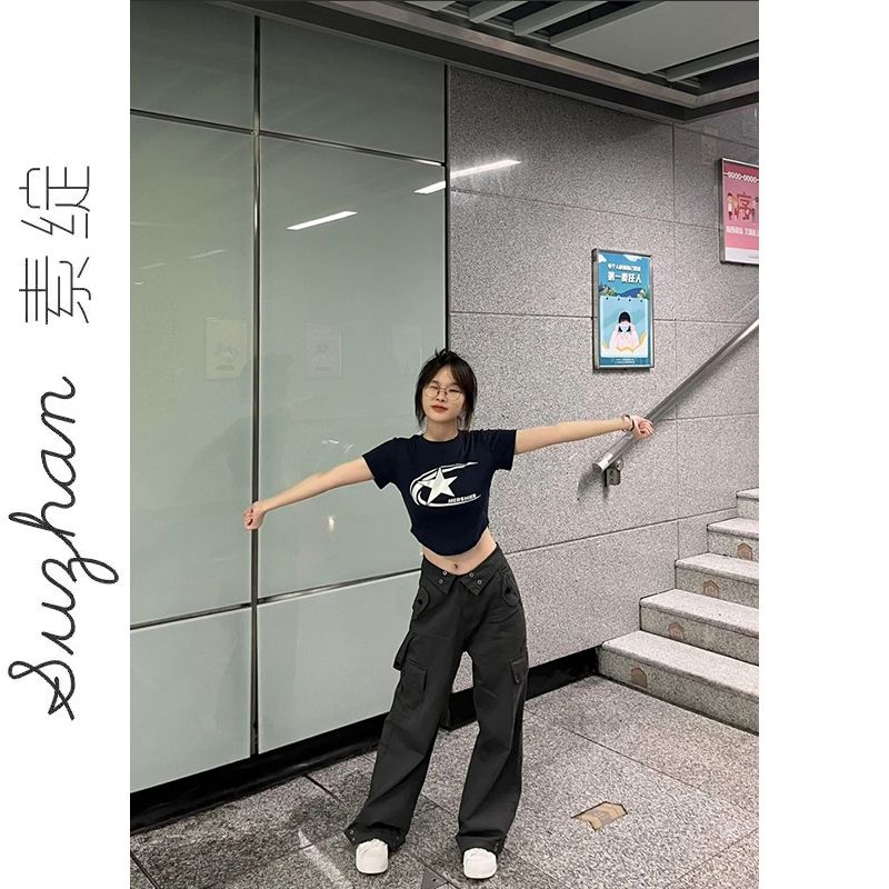美式弧形下擺純棉印花上衣女夏季復古短款高腰修身不規則運動T恤