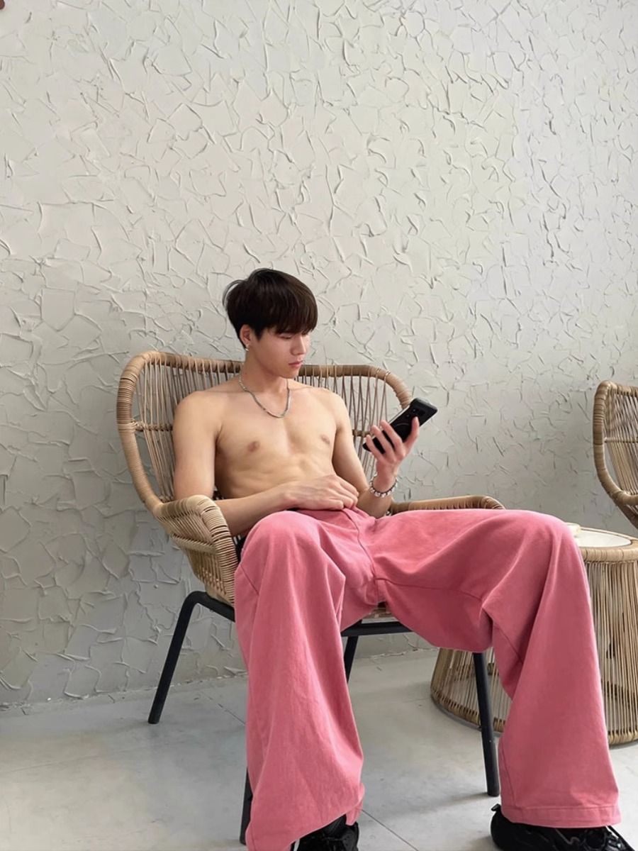 美式復古粉色牛仔褲潮牌男生多巴胺直筒工裝褲子oversize闊腿褲女