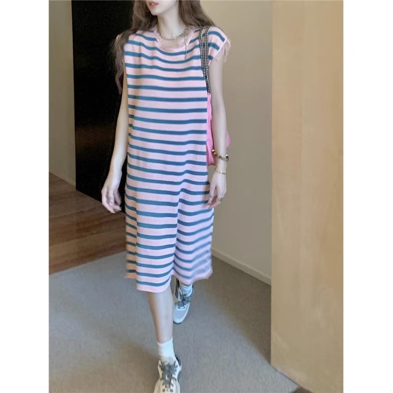 Striped knitted frayed vest dress for women, summer design, loose and casual mid-length sleeveless t-shirt dress