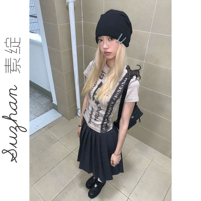 復古圓領字母印花滿印短款上衣女高街潮牌設計感修身顯瘦短袖T恤