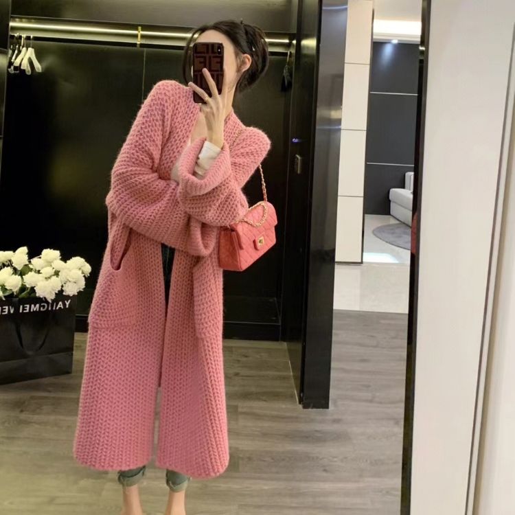 2023秋冬新款韓版毛衣開衫女厚實寬鬆慵懶長款設計感小眾針織外套
