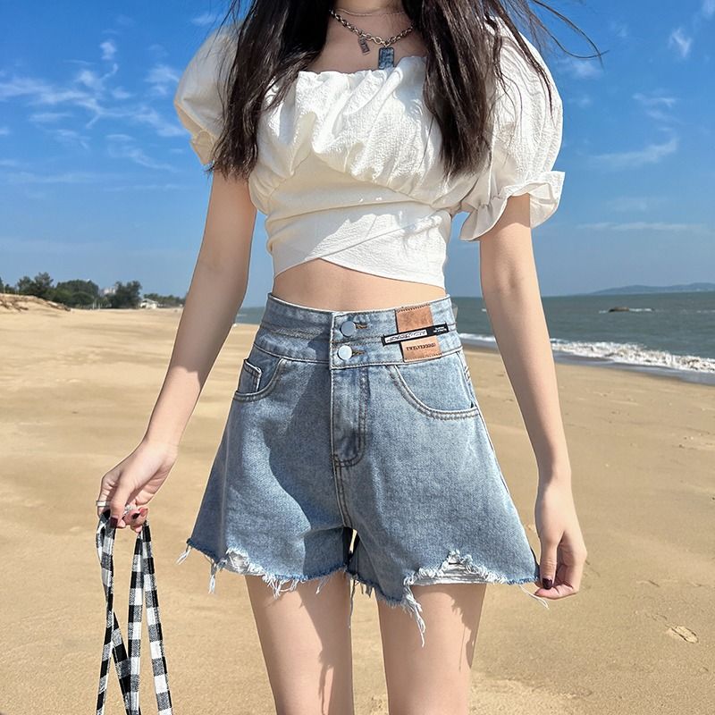 新款夏季款牛仔短褲女寬鬆破洞褲修身時尚顯瘦a字褲百搭熱褲ins潮