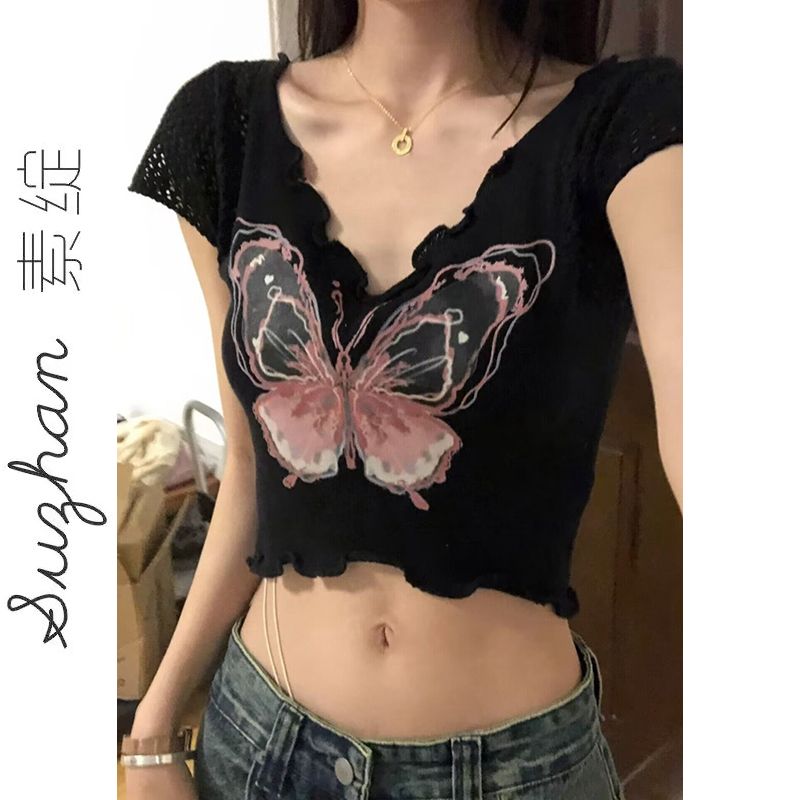 法式黑色蝴蝶印花短袖女夏季舞蹈風鏤空木耳邊露臍短款顯瘦上衣潮