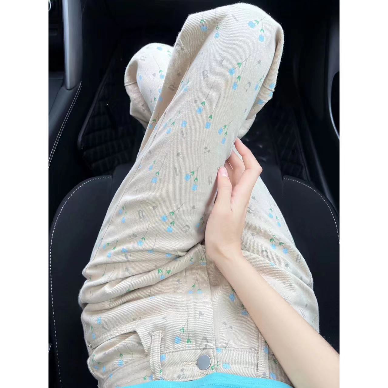 碎花牛仔褲女直筒寬鬆設計感百搭拖地長褲秋冬季辣妹網紅氣質外穿