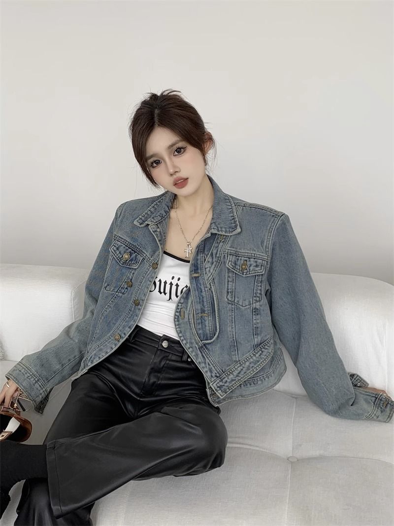 Denim jacket women's spring and autumn new Korean style loose lapel long sleeves loose all-match retro old-fashioned top trend