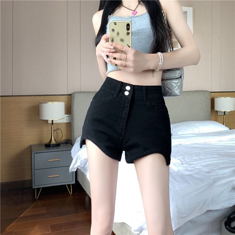 高腰牛仔短褲女夏季黑色新款復古辣妹顯瘦百搭水洗a字超短熱褲潮
