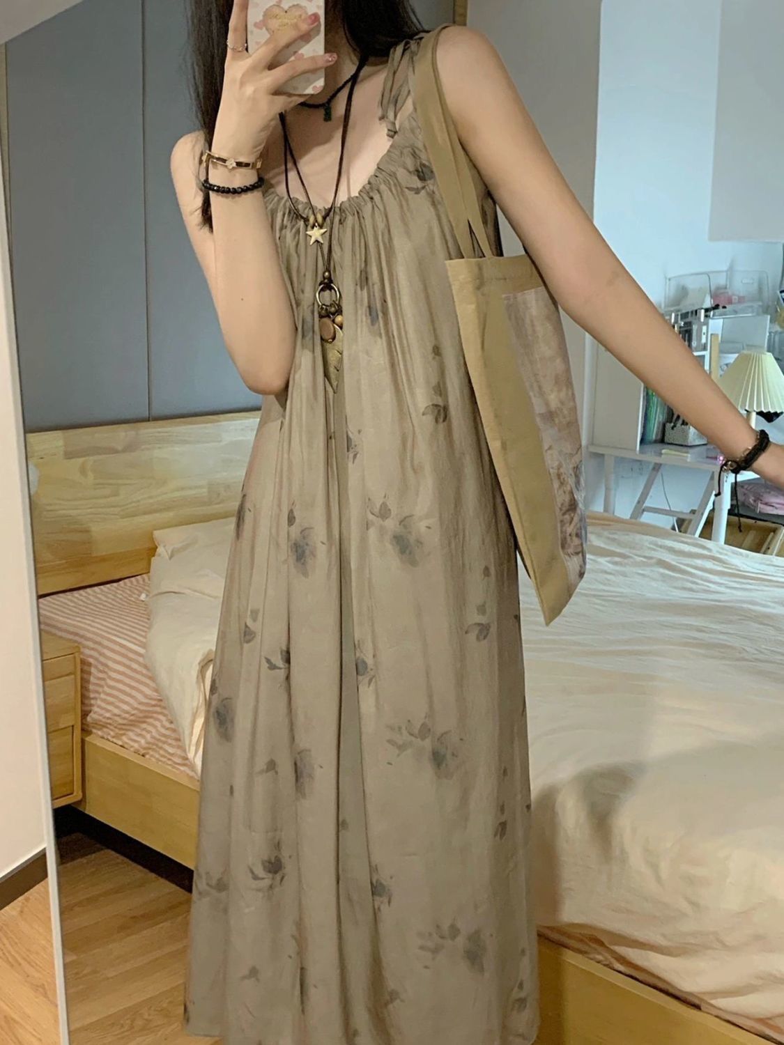 新中式高级感复古印花吊带睡裙夏季女休闲度假风裙子连衣裙可外穿