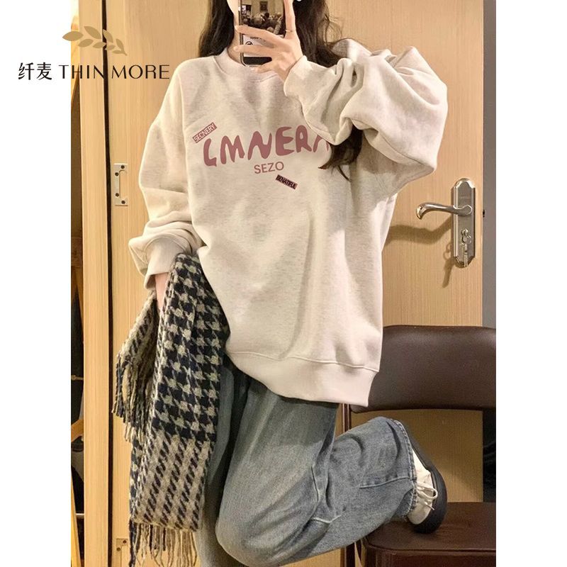 Fianmai 380G heavyweight pure cotton autumn and winter new round neck sweatshirt women's loose niche retro high-end trendy brand top