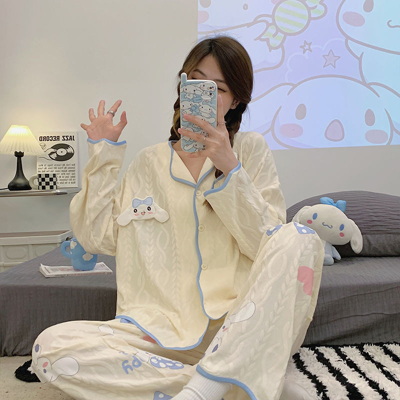 睡衣女夏款網紅風長袖春秋季女士高級感卡通甜美可外穿家居服薄款