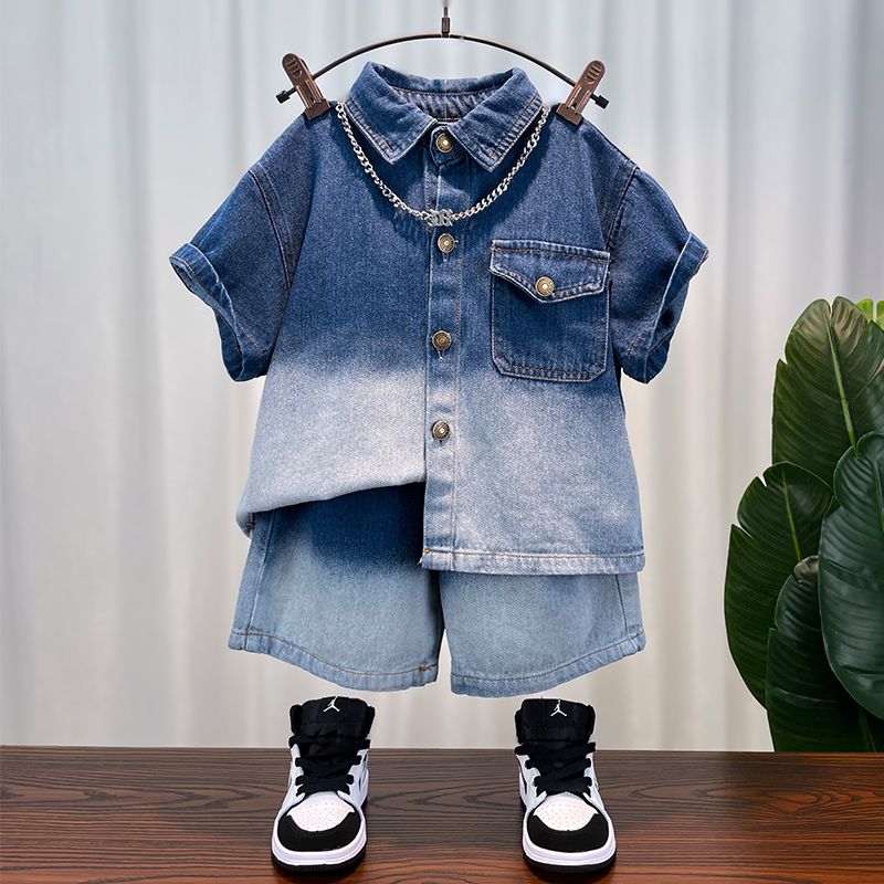 Boys summer short-sleeved denim suit 23 new street baby summer clothes children's fashionable shirt two-piece set