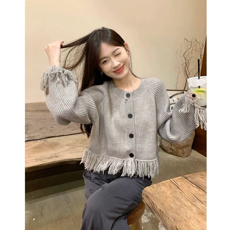 Tassel sweater jacket for women 2023 new autumn and winter loose and lazy design niche short long-sleeved sweater