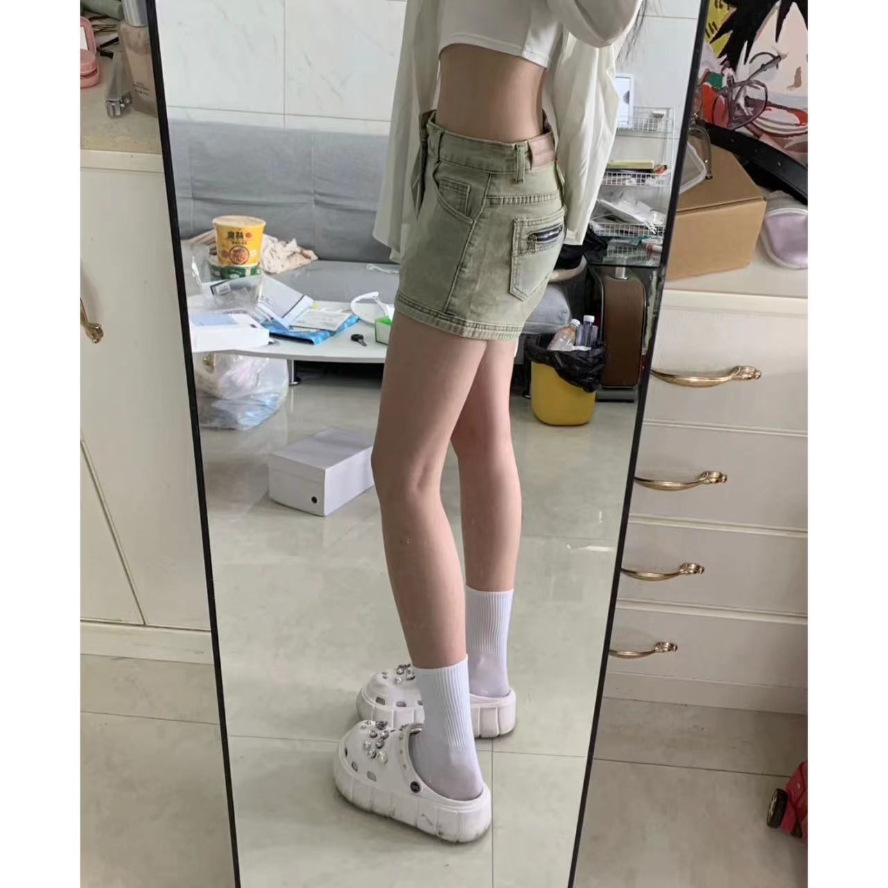 美式彈力牛仔短褲女水洗直筒熱褲做舊包臀顯瘦顯腿長復古潮流小眾