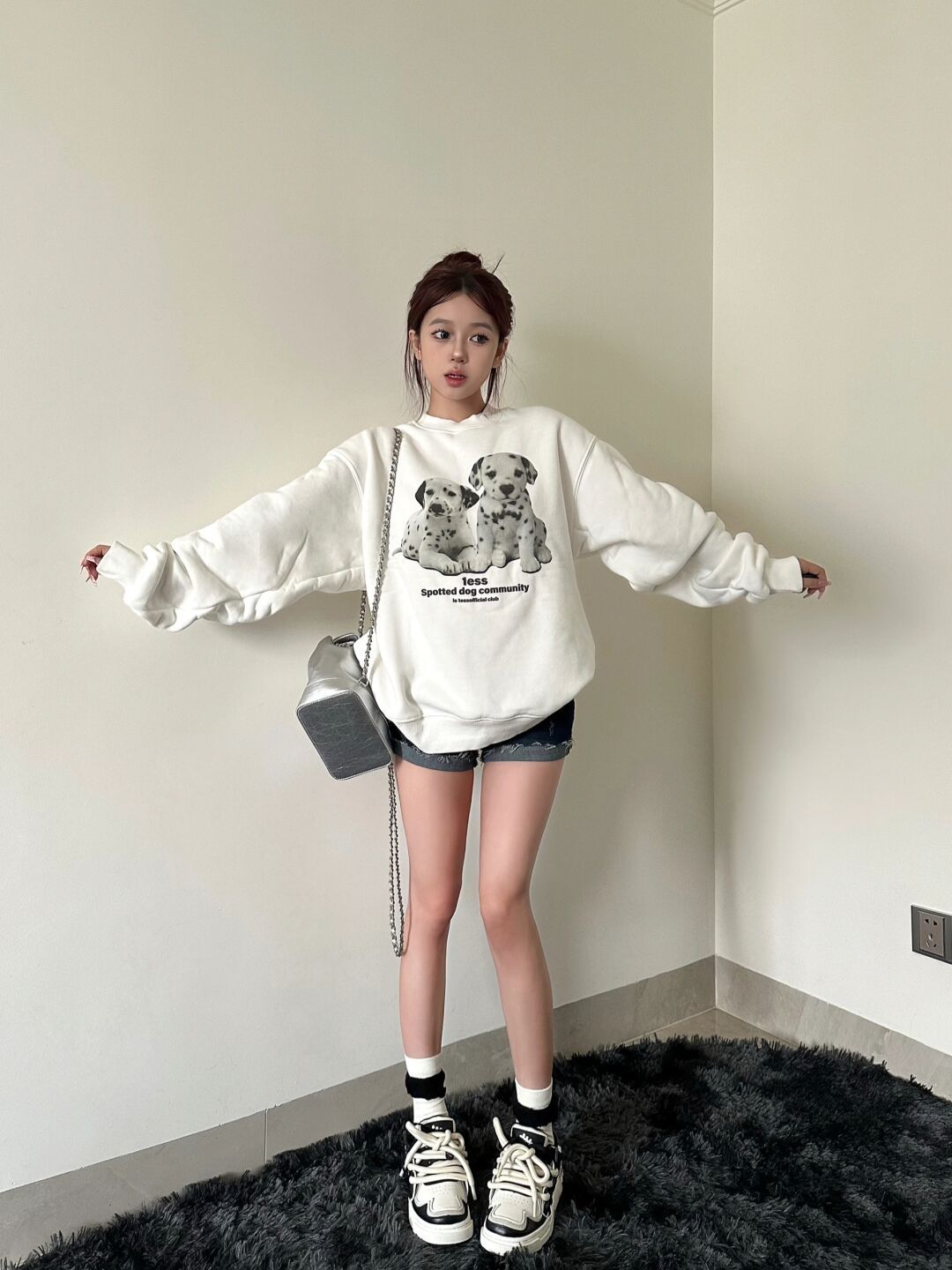 美式復古白色卡通斑點小狗字母衛衣女春秋寬鬆oversize百搭上衣潮