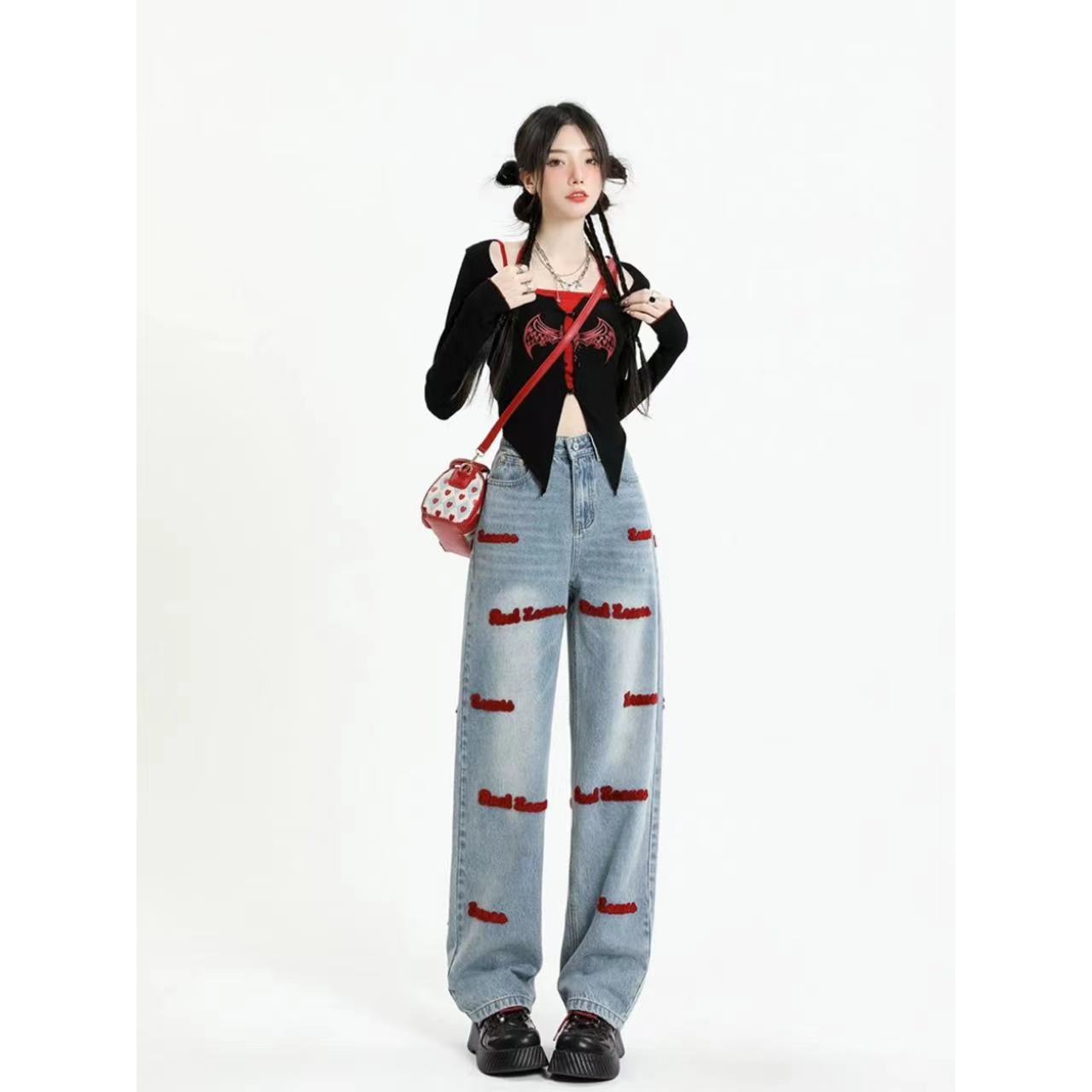 紅色刺繡牛仔褲女字母顯瘦寬鬆直筒拖地長褲闊腿秋冬季小眾梨形潮