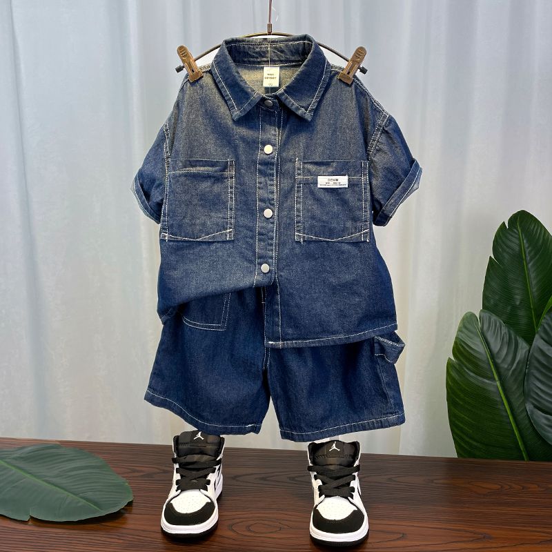 Boys summer short-sleeved denim suit 23 new fashionable baby summer clothes children's handsome shirt two-piece set