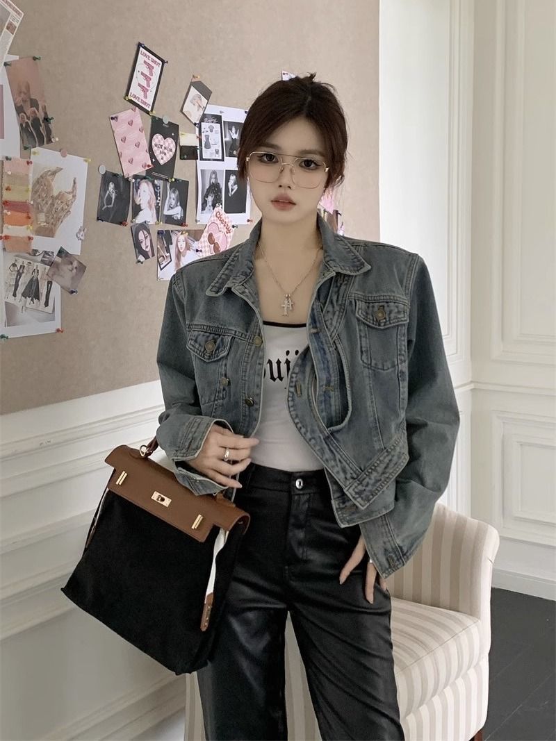 Denim jacket women's spring and autumn new Korean version loose lapel long sleeves loose all-match retro wash water jacket outer wear
