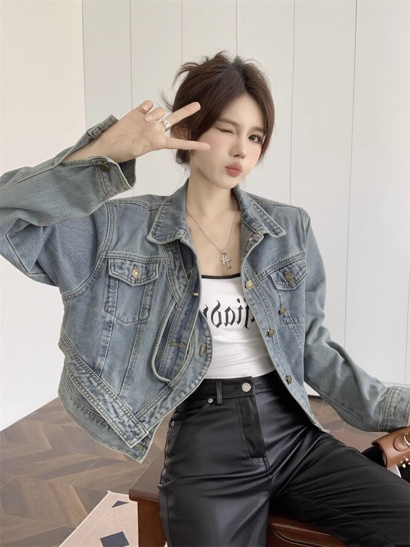 Denim jacket women's spring and autumn new Korean style loose lapel long sleeves loose all-match retro old-fashioned top trend