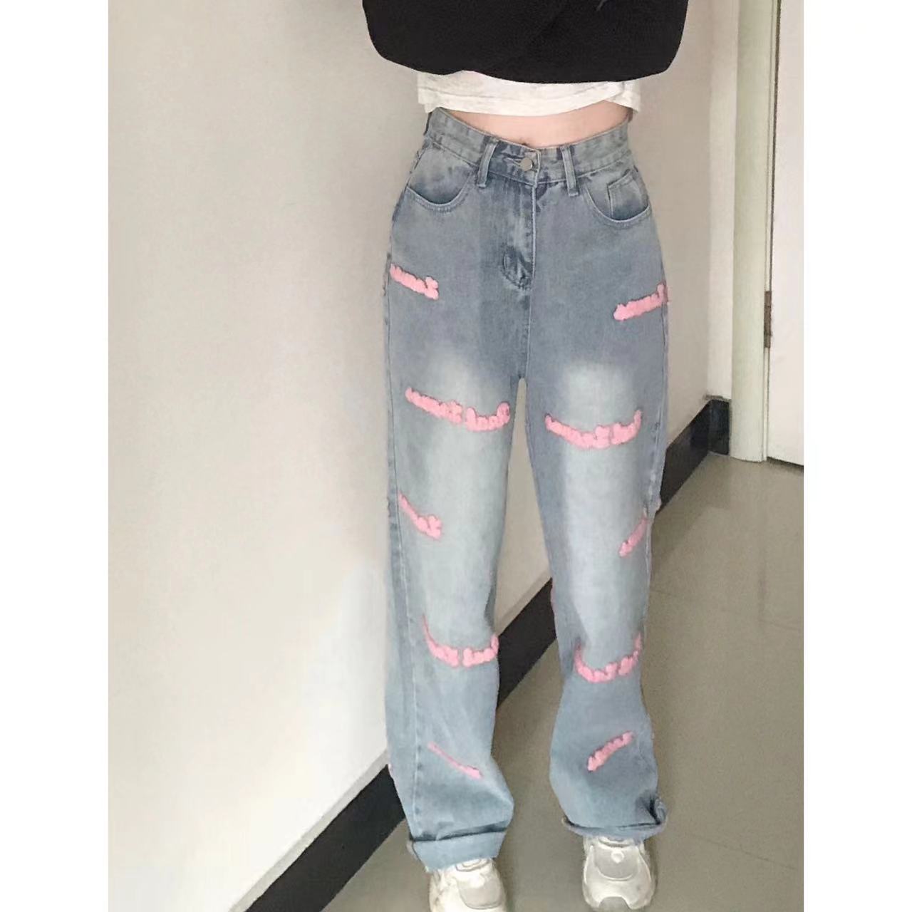 粉色刺繡牛仔褲女直筒寬鬆字母顯瘦秋冬季百搭水洗拖地長褲辣妹潮