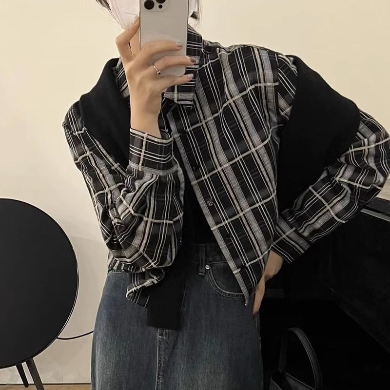 格子襯衫女長袖秋季2023新款設計感小眾休閒西裝內搭疊穿襯衣外套