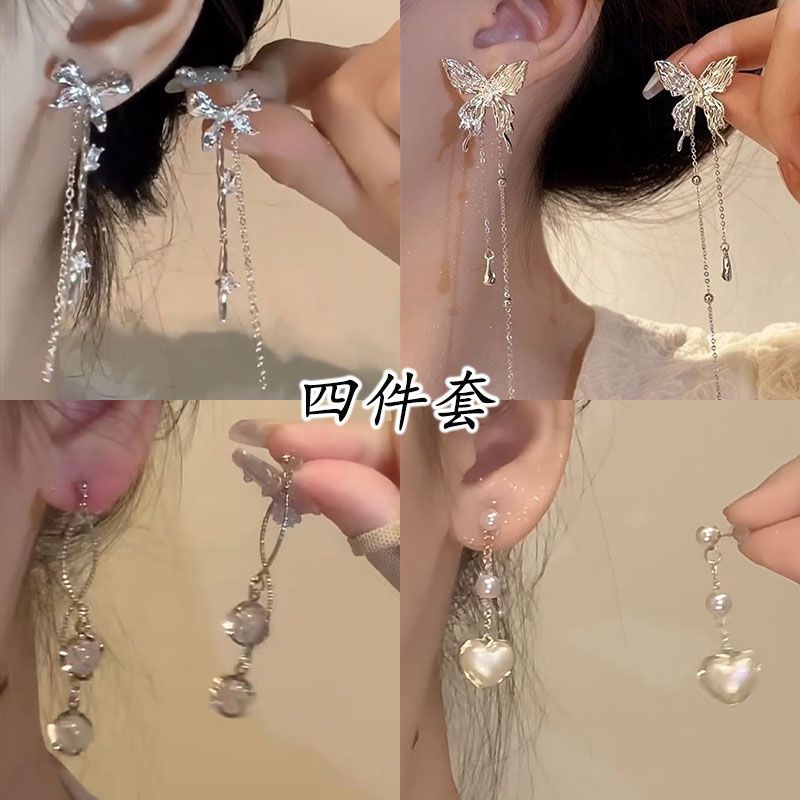 蝴蝶結鑲鑽流蘇耳釘女小眾設計感高級耳環氣質長2023新款款潮耳飾