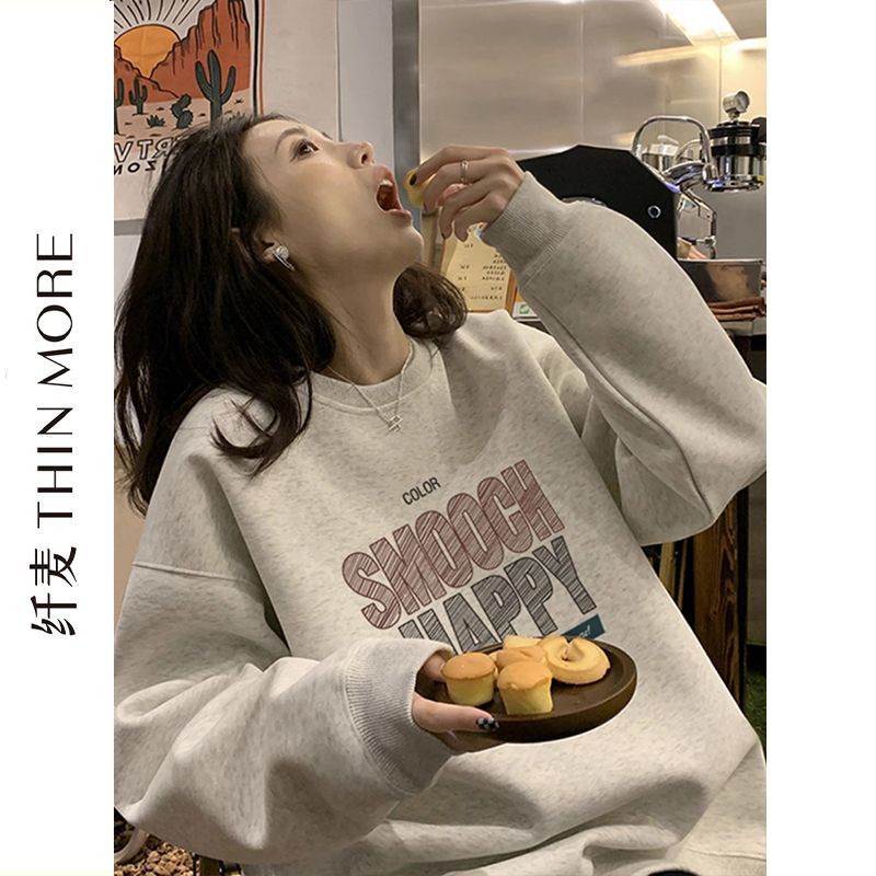 Fianmai 380G heavy cotton letter retro sweatshirt for women white gray student loose versatile round neck ins autumn and winter