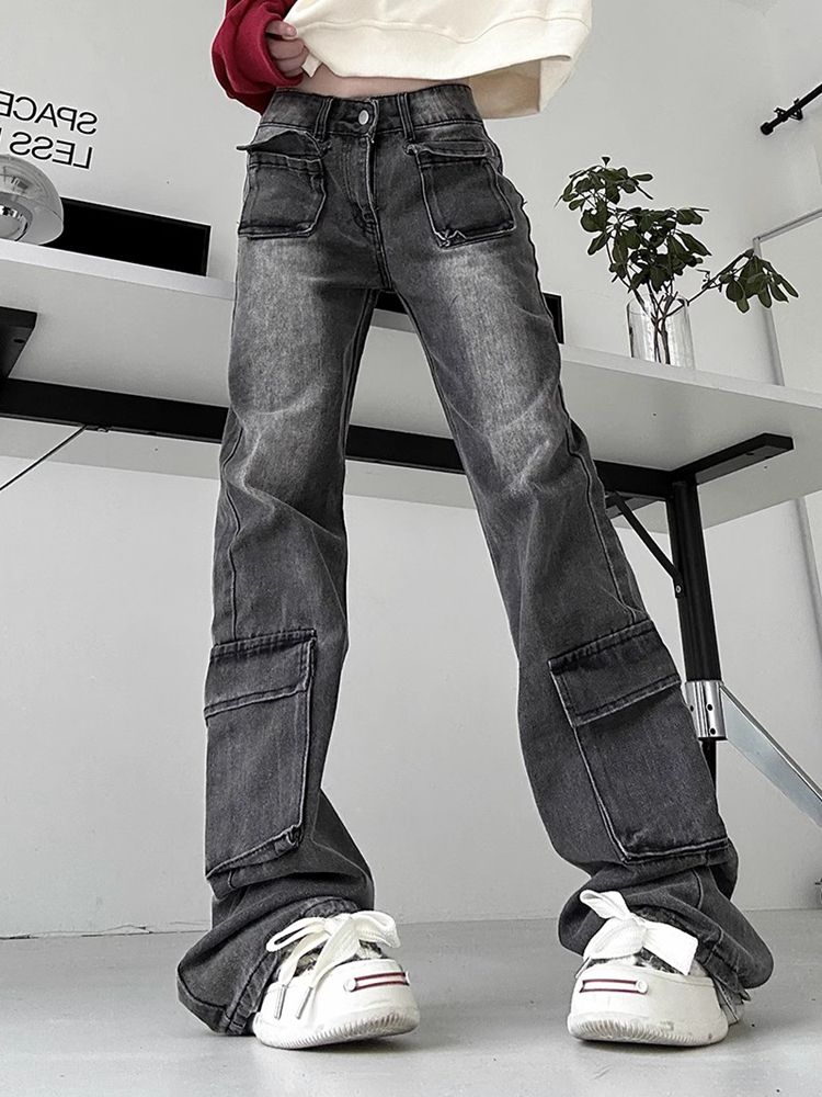 美式低腰微喇叭牛仔裤女秋季高街小众设计感直筒宽松显瘦工装长裤