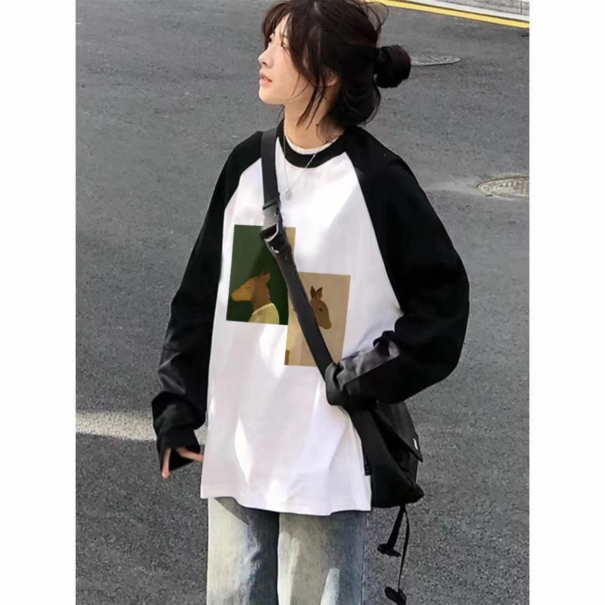 秋季新款寬鬆插肩長袖圓領t恤女百搭休閒顯瘦體恤中長款純棉上衣