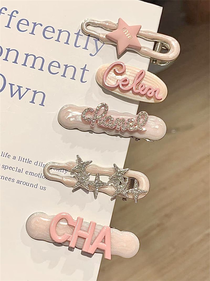 French foreign style pink alloy letters dripping oil fine flash rhinestone hairpin advanced side clip duckbill clip hair clip hair accessories
