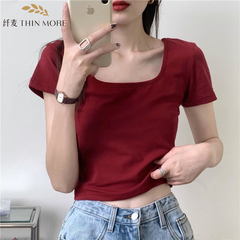 纖麥女生修身方領純棉短袖露臍T恤ins網紅甜辣顯白顯瘦短款上衣服