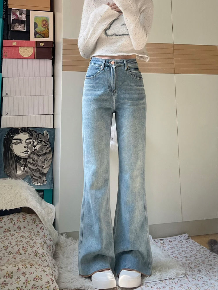 淺藍色微喇叭牛仔褲女秋季新款高腰寬鬆闊腿顯瘦百搭直筒拖地褲子