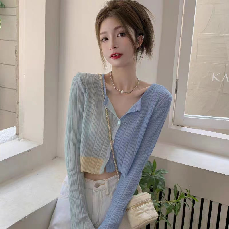 Contrast color ice silk thin short sweater for women spring and autumn slim high waist exposed navel short long sleeve cardigan top ins