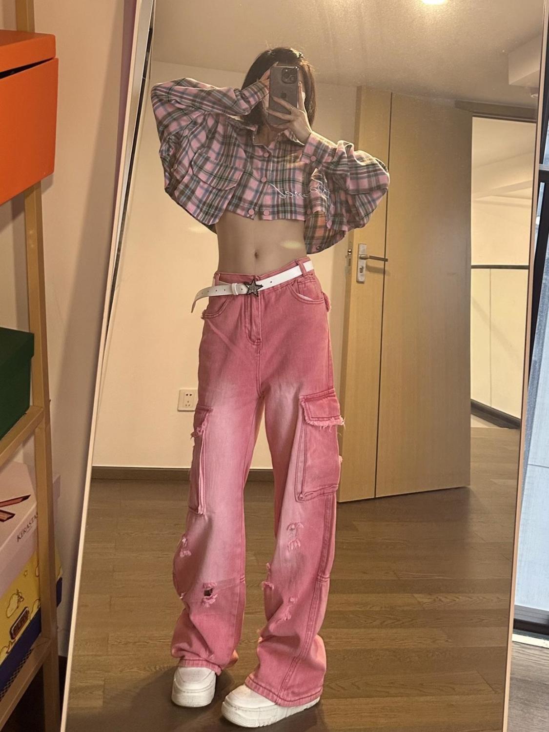 辣妹美式工裝褲女高街設計感ins破洞口袋寬鬆直筒闊腿拖地牛仔褲