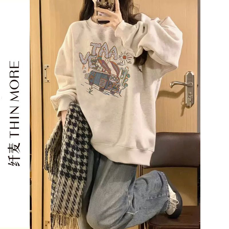 Fiber wheat heavyweight 380G pure cotton sweatshirt women's Korean style design 2023 new autumn and winter oversize loose top
